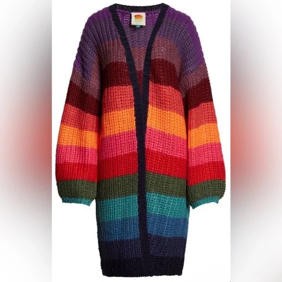 Farm Rio Oversized Rainbow StripesMidi Cardigan Women's Sweater